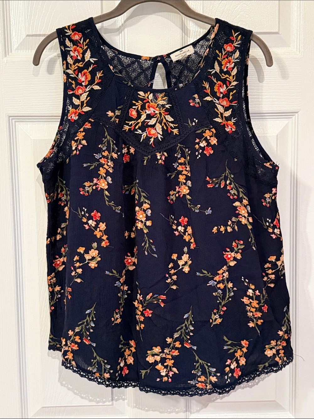 Navy Floral Embroidered Sleeveless Tank Top